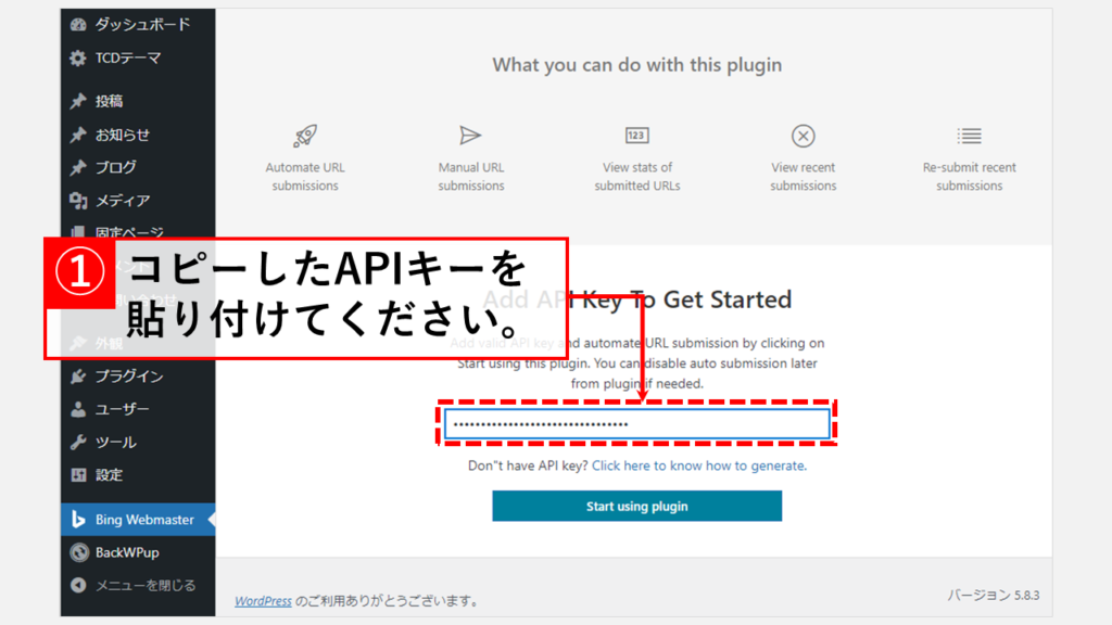 取得したAPIキーを 取得したAPIキーをBing URL Submissions Pluginに入力