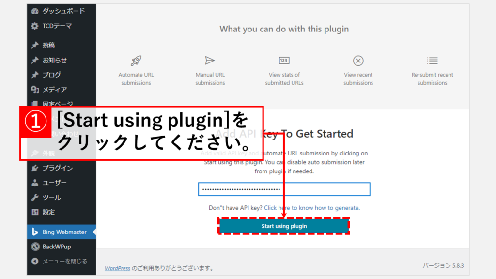 取得したAPIキーを 取得したAPIキーをBing URL Submissions Pluginに入力