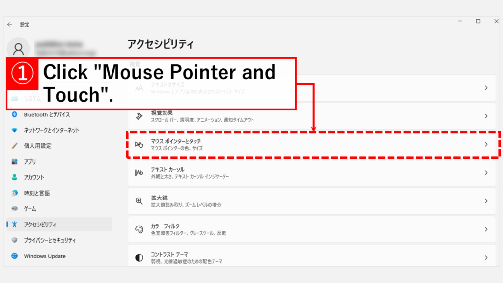Click Accessibility to open the Mouse Pointer and Touch screen.
