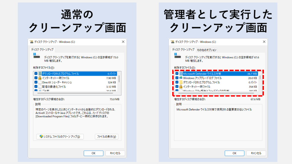 管理者として実行した場合とユーザー権限で実行した場合の違い　その１