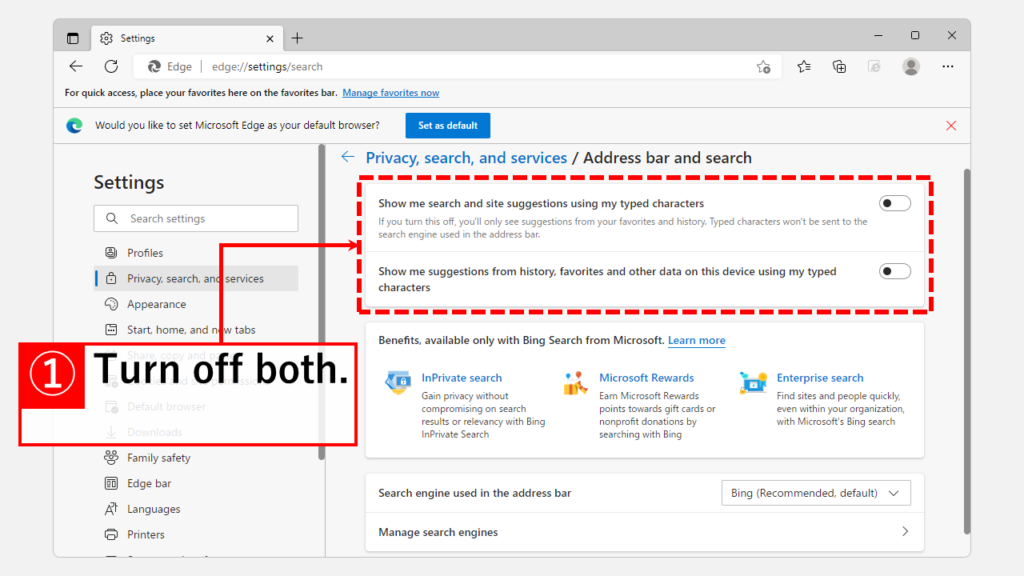 How to prevent Microsoft Edge address bar search from showing search suggestions and search history.