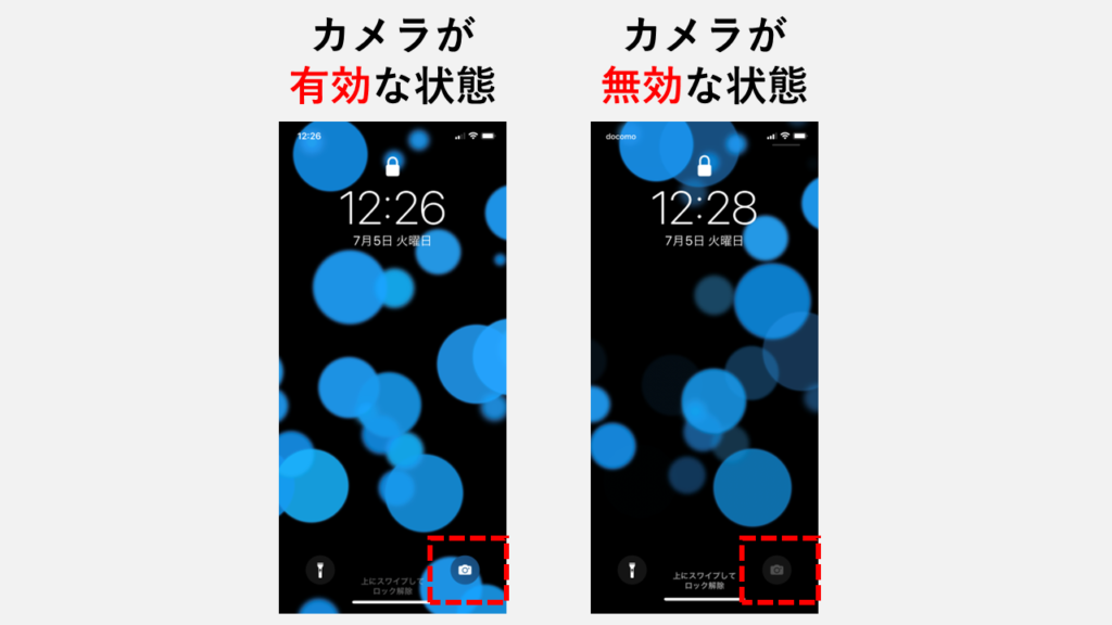 iPhoneのロック画面でカメラが有効な状態と無効な状態の比較