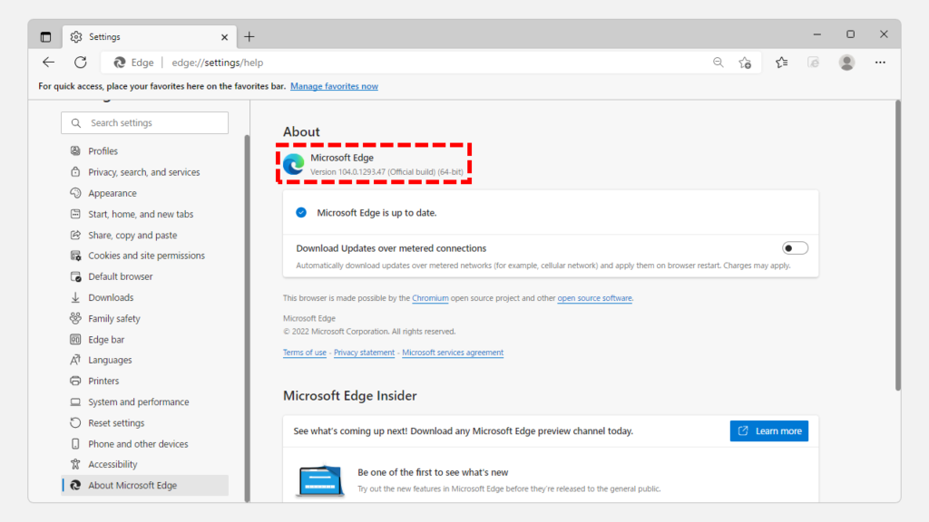 How to check the version from the Microsoft Edge settings screen.