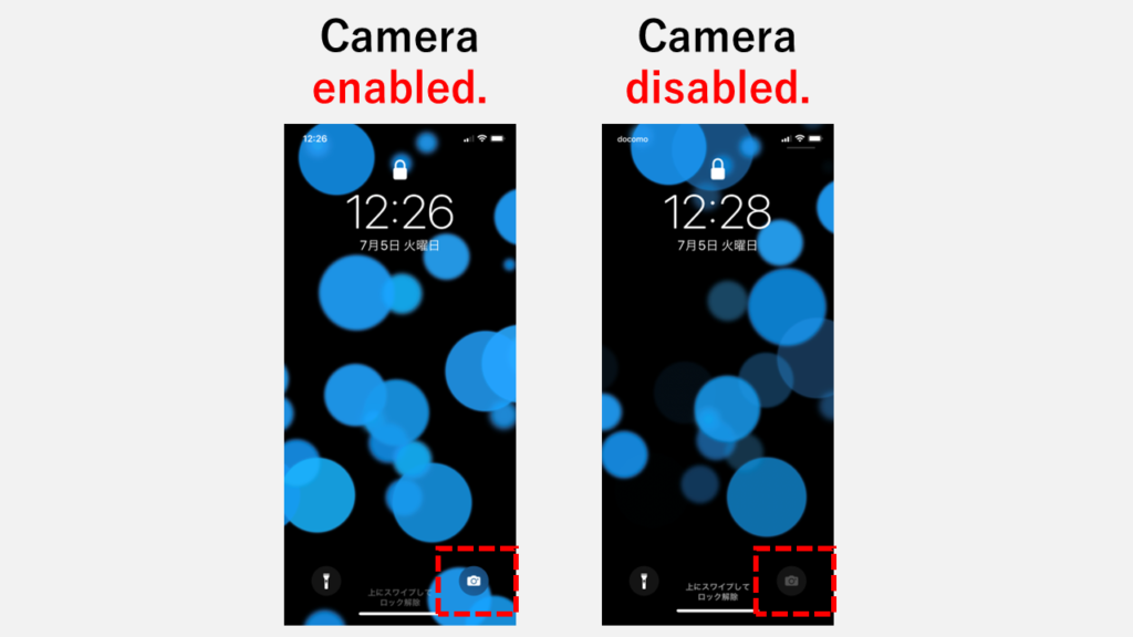 Comparison image of the iPhone lock screen with the camera enabled and disabled.