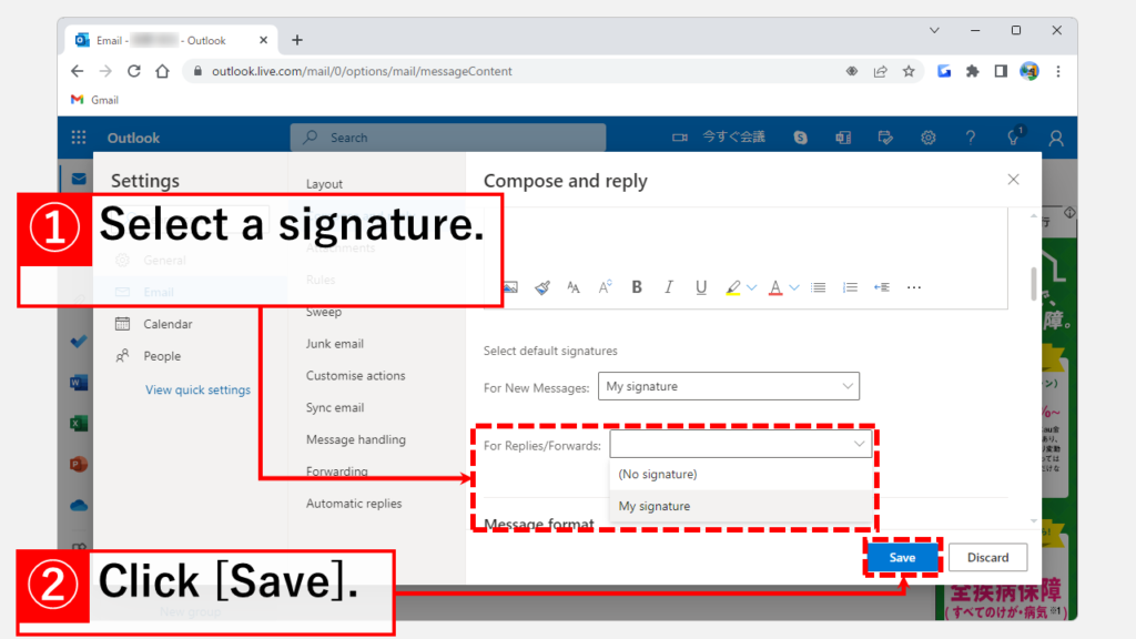 How to set up a signature created in the Outlook.live.com to be entered automatically.
