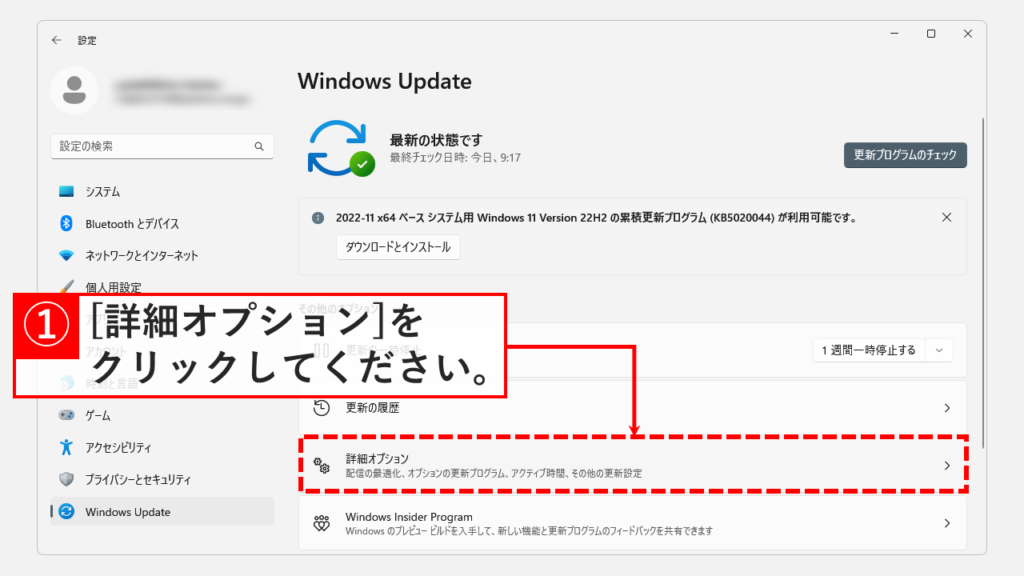 Windows Updateの詳細オプションを開く