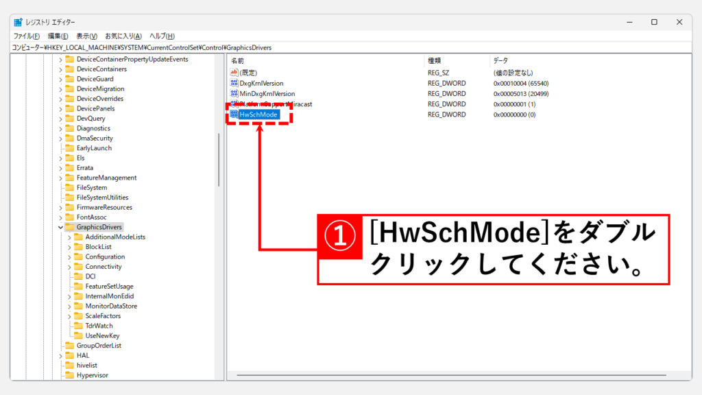レジストリエディターからハードウェアアクセラレータによるGPUスケジューリングを有効にする Step6 作成したHwSchModeをダブルクリック