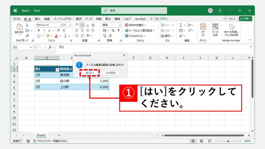 テーブル解除の基本手順 Step3 [はい(Y)]をクリック