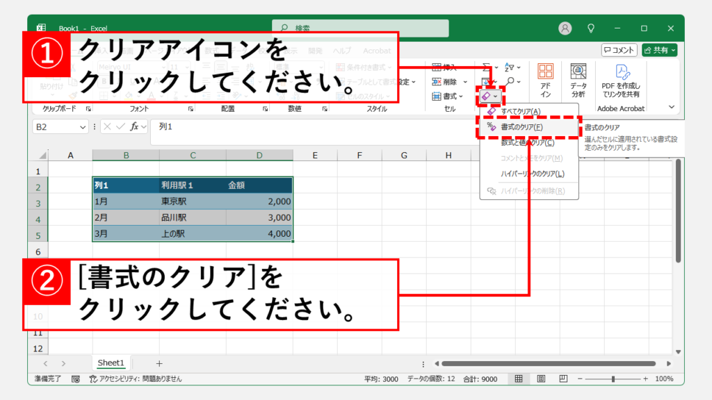 クリア機能を使って書式をクリアする方法 Step2 「編集」グループにあるクリアアイコンをクリックし、書式のクリアをクリック