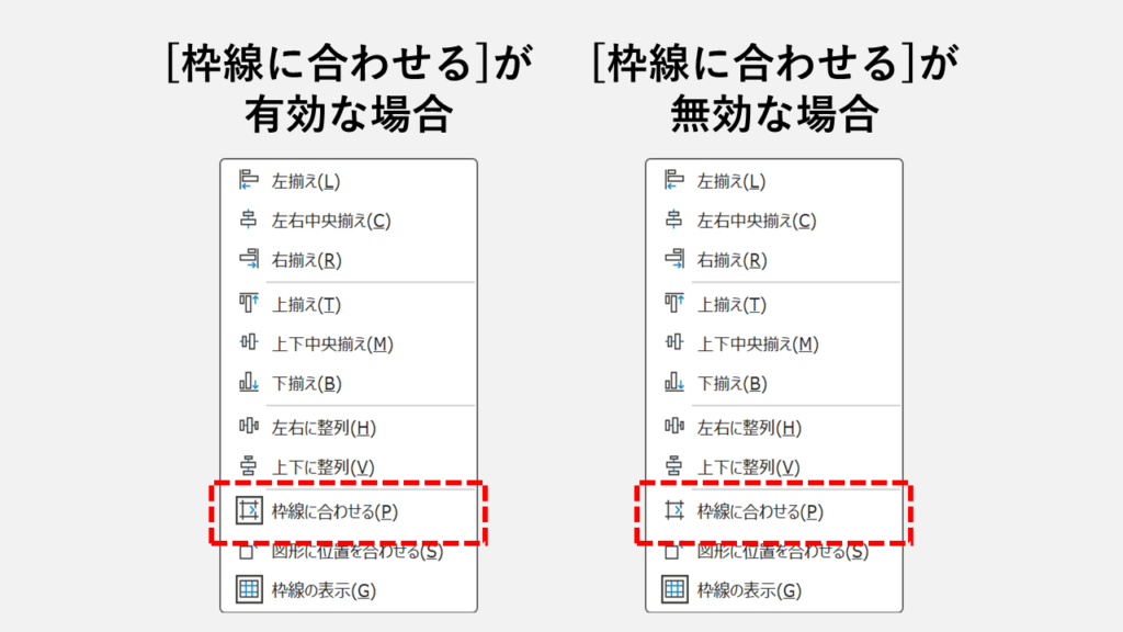 「枠線に合わせる(P)」が有効な場合と無効な場合の違い