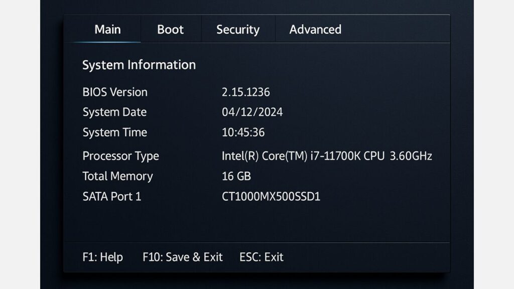 BIOS設定画面のメインメニュー。Main、Boot、Security、Advancedのタブが上部に表示され、システム情報が表示されている