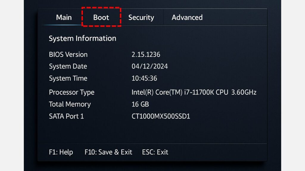 BIOS設定画面の上部タブでBootタブが選択されハイライト表示されている画面