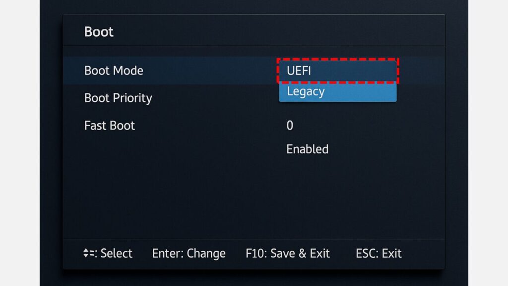 Boot設定画面でBoot ModeにUEFIとLegacyの選択肢が表示され、Legacyが選択されている状態からUEFIに変更する画面