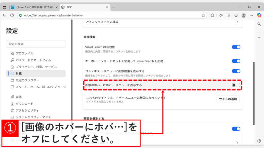 「外観 / 「ブラウザーのビヘイビアーと機能」と書かれた画面で「画像のホバーにホバー メニューを表示する」をオフ（無効化）している画像
