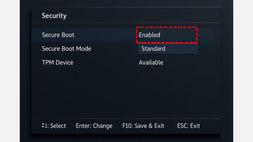 Security設定画面でSecure BootがEnabledに設定され、TPM DeviceがAvailableと表示されている画面