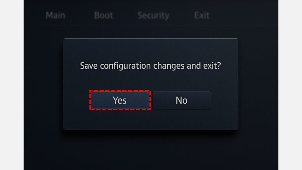 BIOS設定の保存確認ダイアログでSave configuration changes and exit?と表示され、YesとNoのボタンがありYesが選択されている画面