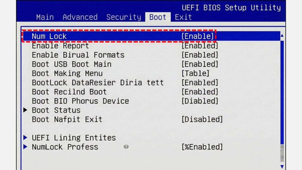 UEFI BIOS設定画面のBootタブでNum LockをEnabledに設定する例