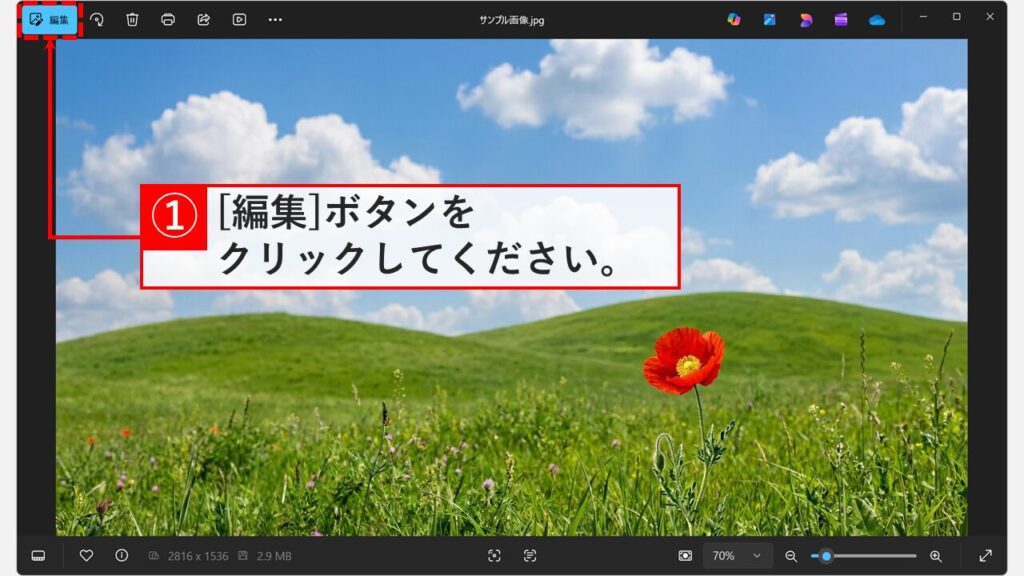 Windows11フォトアプリの編集ボタンの位置を示す画面