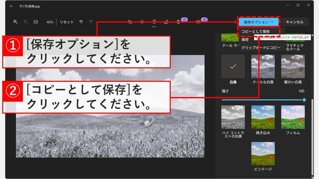 フォトアプリの保存オプションメニューからコピーとして保存を選択する画面