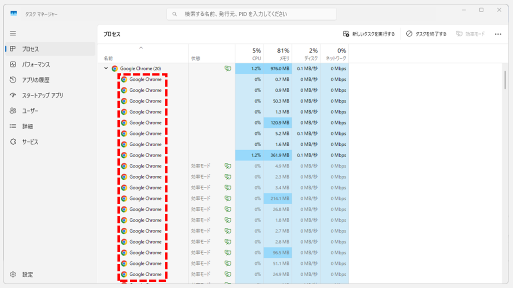 Windows標準のタスクマネージャーではGoogle Chromeのプロセスが全て同じ名前で表示され詳細が不明な画面