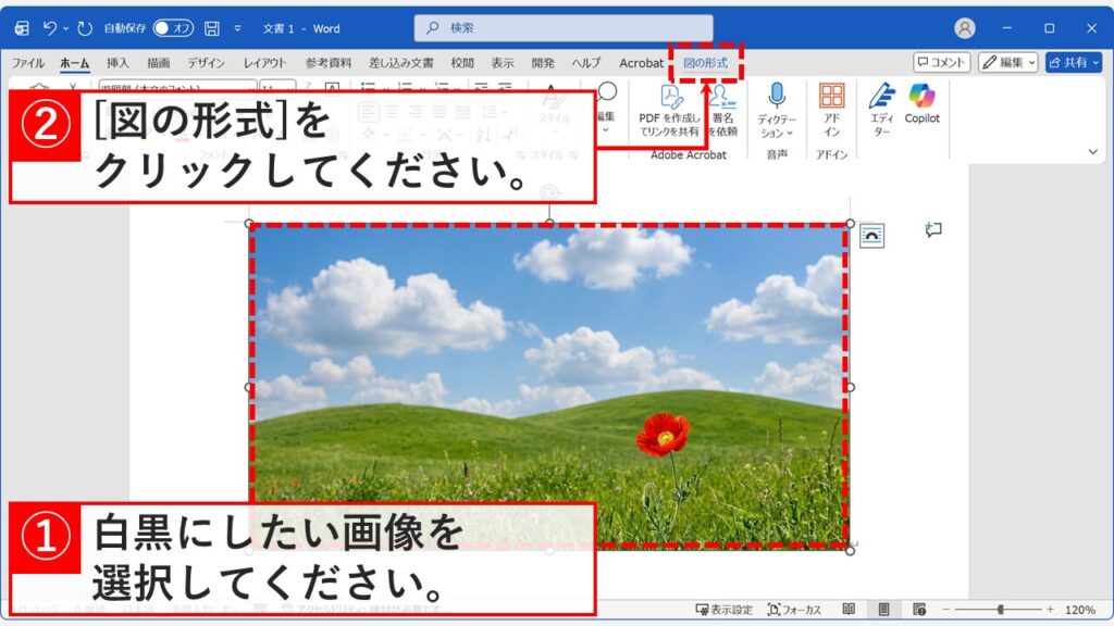 Word文書内の画像を選択して「図の形式タブ」を表示