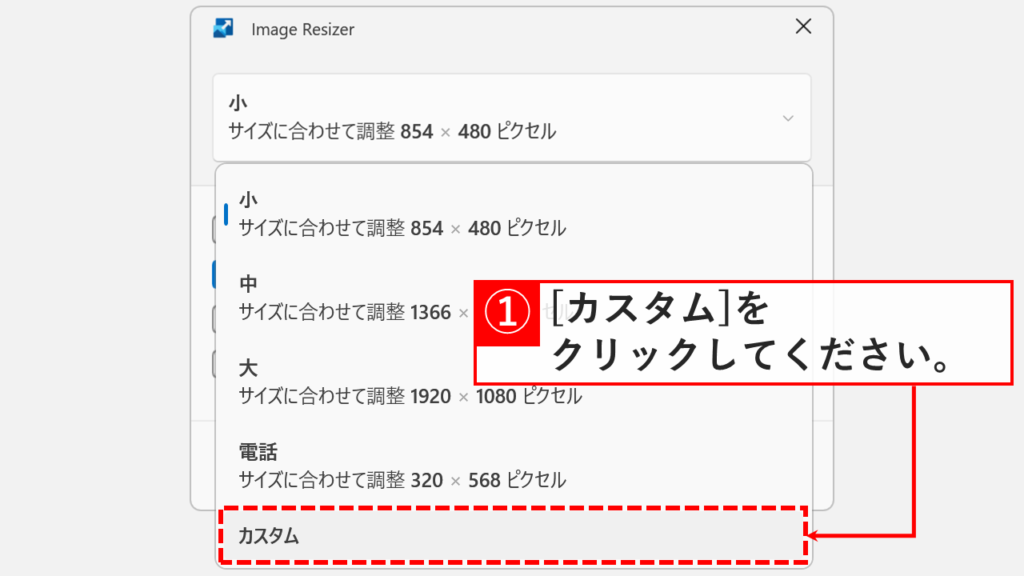 Image Resizerのサイズプリセット選択画面（小・中・大・電話・カスタム）