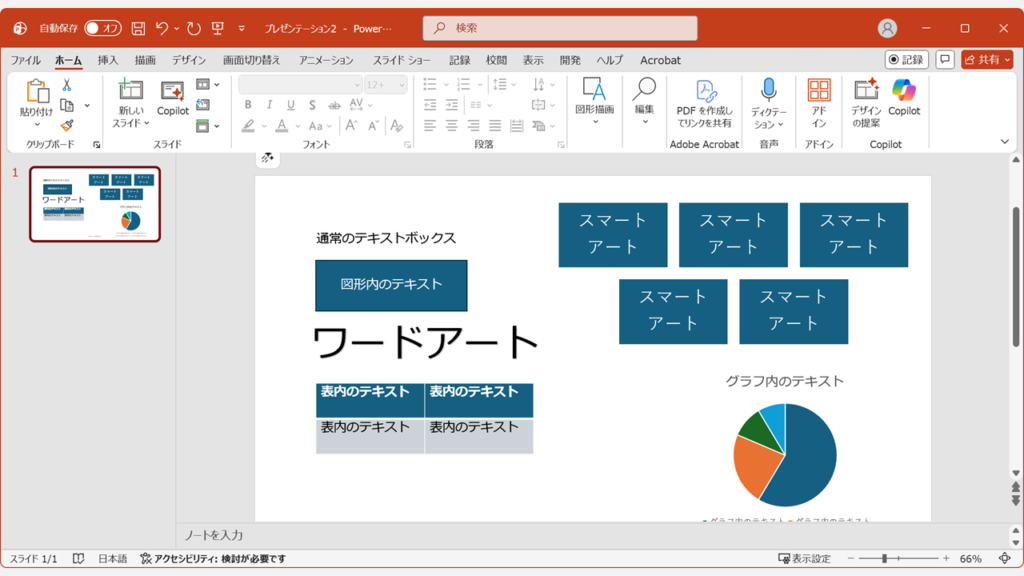 全スライドのフォントが「メイリオ」に変更された画面