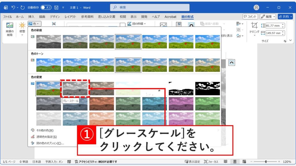 図の形式タブの色メニューからグレースケールを選択