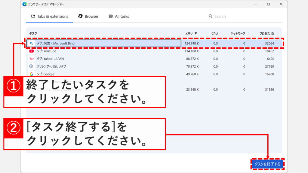 メモリ使用量の多いタブを選択し「タスクを終了する」ボタンをクリックしている画面