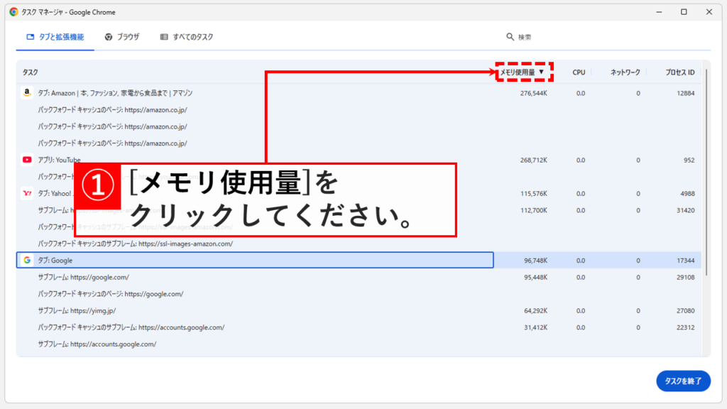 Chromeタスクマネージャで「メモリ使用量」の列をクリックして負荷が高い順に並び替えている画面