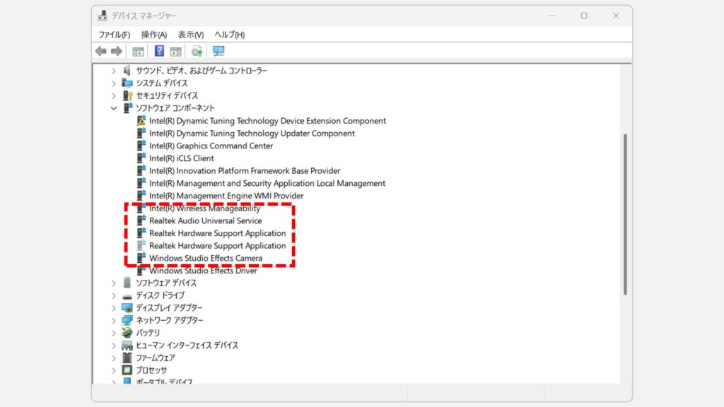 「アンインストール」をクリック後、対象のドライバーが削除された状態。