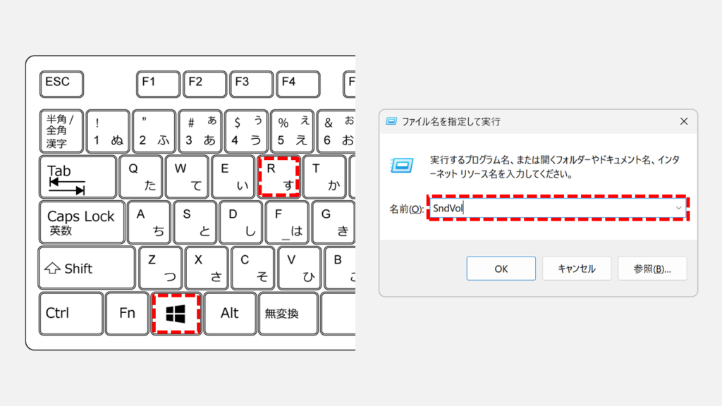 Windows11で「ファイル名を指定して実行」を開きSndVolコマンドを入力している画面