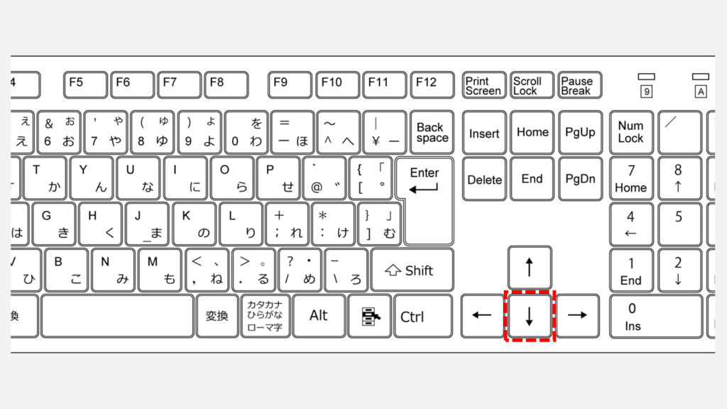 キーボードの下矢印キーが赤枠で強調表示された日本語配列キーボードの図