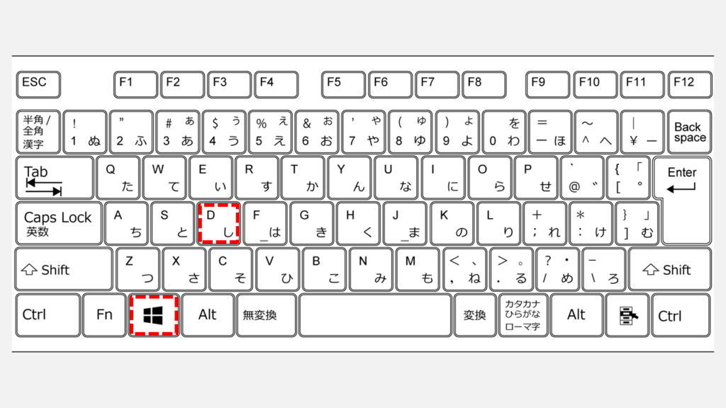 キーボードのWindowsキーとDキーが赤枠で強調表示された日本語配列キーボードの図