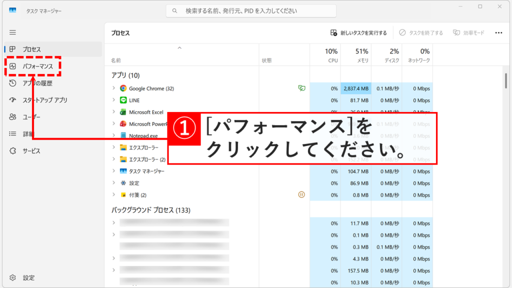 タスクマネージャーでパフォーマンスタブをクリックする画面