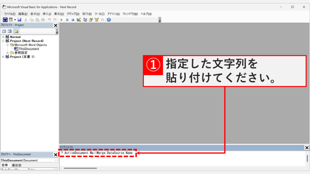 Wordのイミディエイトウィンドウに「? ActiveDocument.MailMerge.DataSource.Name」を入力している画面