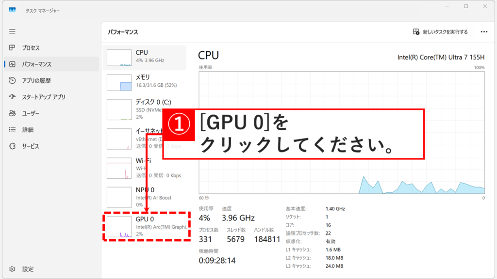タスクマネージャーのパフォーマンス画面でGPU 0をクリックする画面