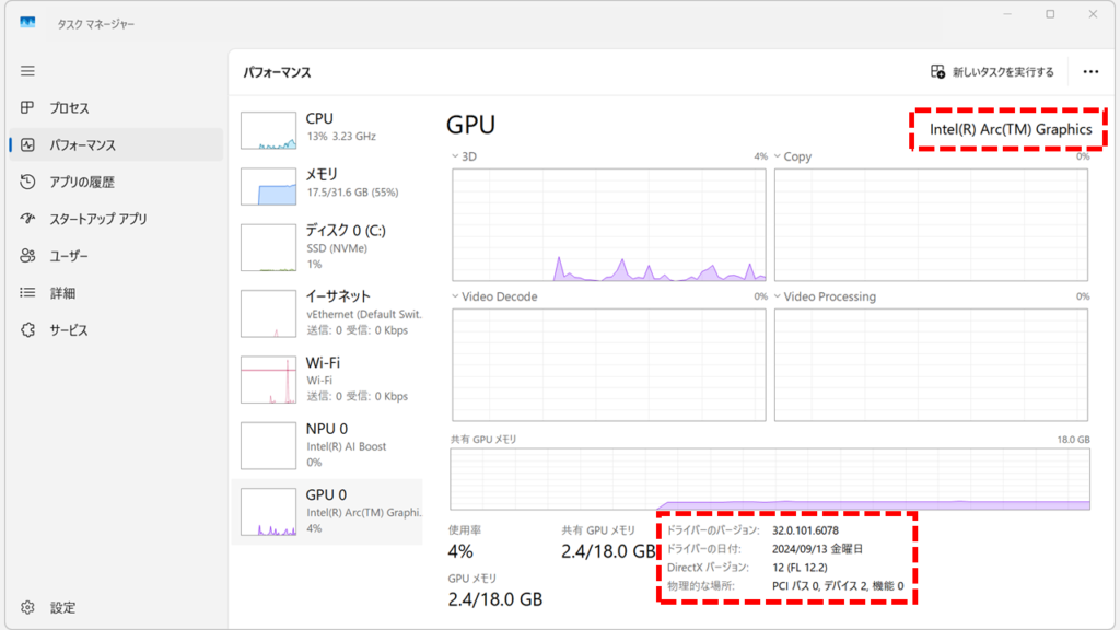 タスクマネージャーでGPU名とドライバーバージョンを確認する画面