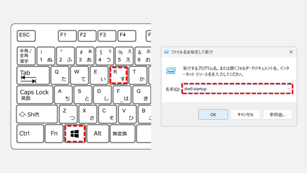 ファイル名を指定して実行で、個人用スタートアップフォルダを開くためのコマンドを入力している操作。
