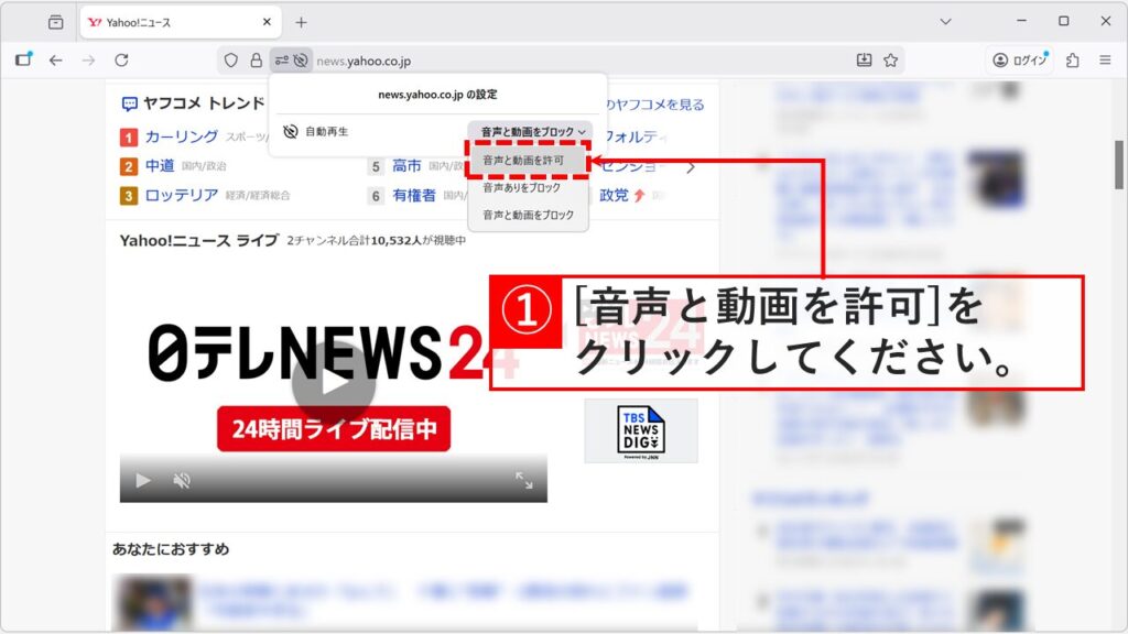 特定のWebサイトに対して自動再生を許可するかどうかを個別に設定しているメニュー画面。