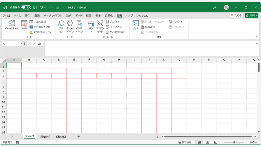 Excelのシート上の罫線の色だけが変わり枠線はそのままの状態