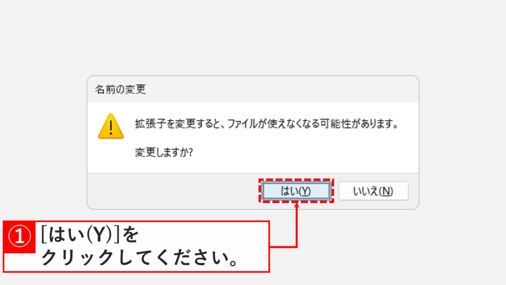 拡張子を変更すると使えなくなる可能性があります、という確認ダイアログで「はい(Y)」ボタンをクリックしているスクリーンショット