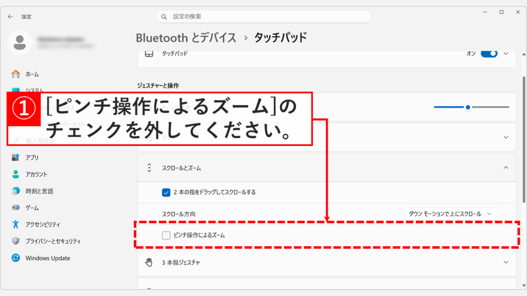 「ピンチ操作によるズーム」のチェックボックスをオフにした設定画面