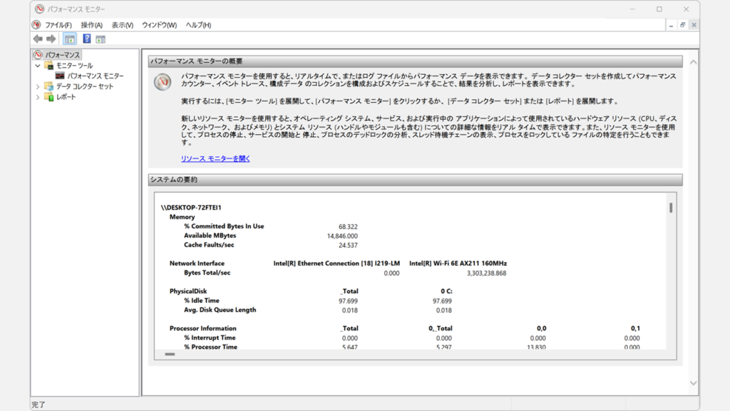 コントロールパネルのWindowsツールからパフォーマンスモニターを起動して画面が表示されたスクリーンショット