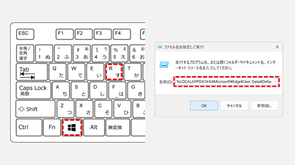 Windows11でWindowsキー＋Rキーを押して「ファイル名を指定して実行」を開き、名前欄に「%LOCALAPPDATA%\Microsoft\Edge\User Data\Default」を入力してOKをクリックするスクリーンショット