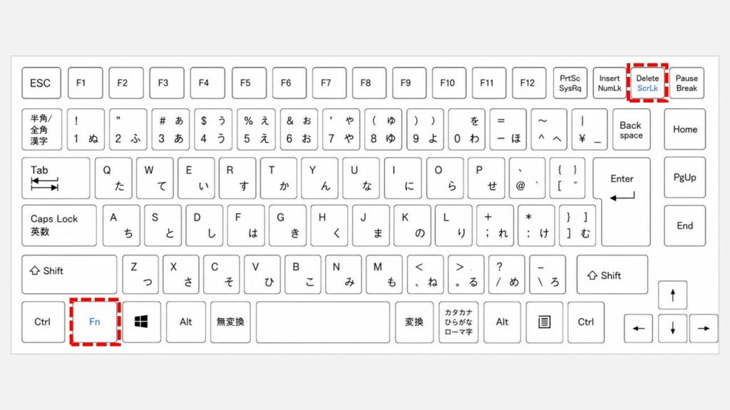 DeleteキーにScrLkが印字されたノートPC向けコンパクトキーボードで、FnキーとDeleteキーの同時押しでスクロールロックを解除する操作を示したスクリーンショット