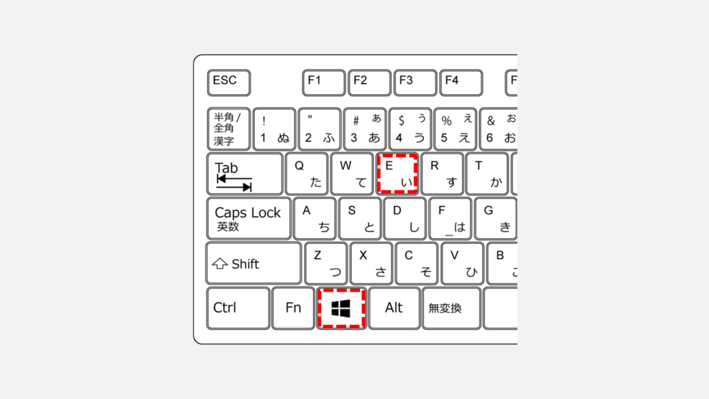 Windows11でUSBメモリーの容量を確認するため、エクスプローラーを開くWindowsキー＋Eキーのキーボードショートカットを示したスクリーンショット