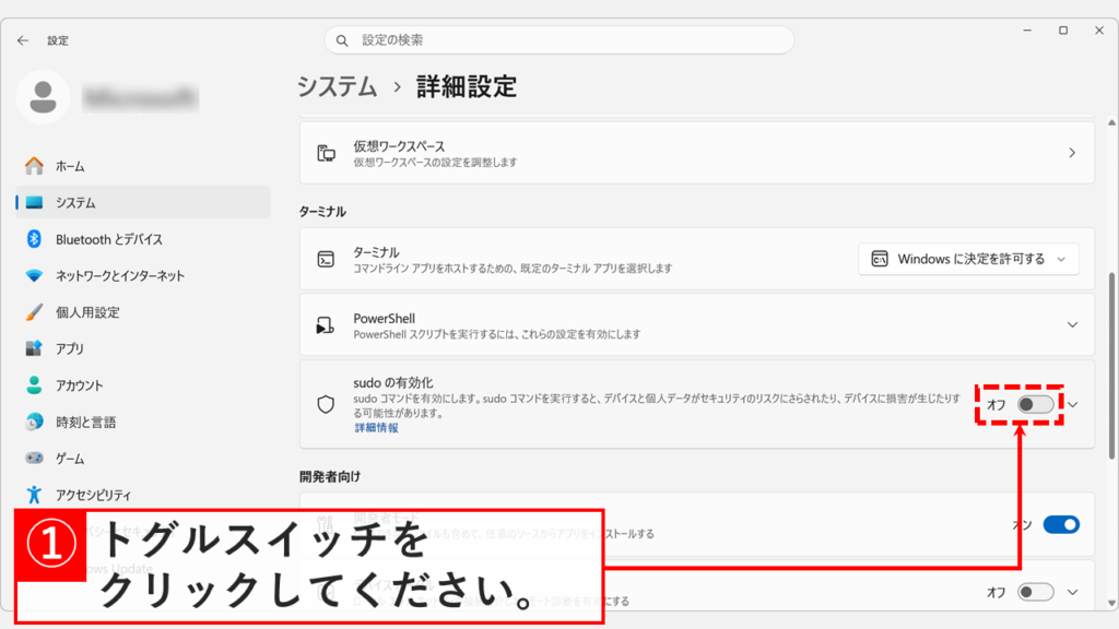 「システム > 詳細設定」画面のターミナル枠にある「sudoの有効化」のトグルスイッチをクリックしようとしているスクリーンショット