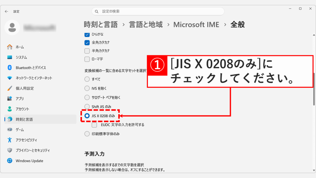 Windows11のMicrosoft IME全般設定画面で「文字の種類と文字セット」の「JIS X 0208のみ」にチェックを入れているスクリーンショット