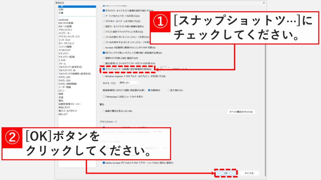 環境設定の「一般」で「スナップショットツール画像に固定解像度を使用」にチェックを入れて「OK」ボタンをクリックしているスクリーンショット